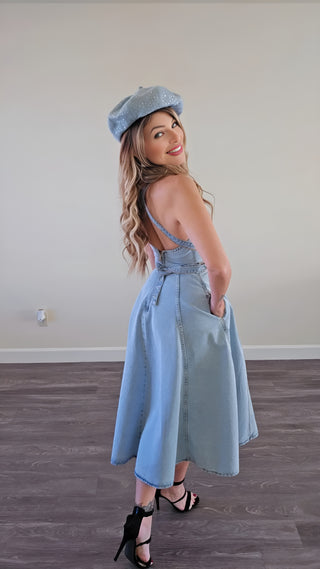 Empire light blue denim dress