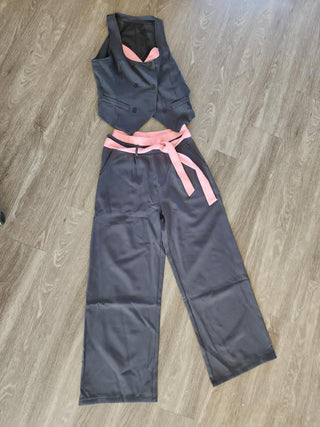 Gray vest pants set with pink trim