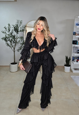 Swan Chiffon pants set Black